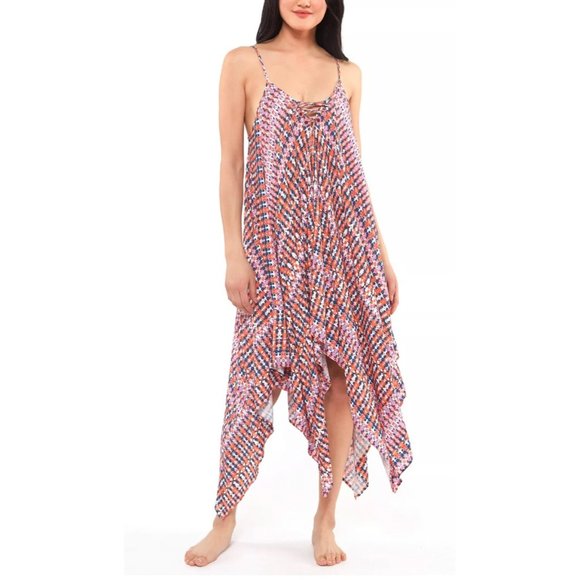 JESSICA SIMPSON Laguna Beach Printed Handkerchief Hem Cover Up Dress Fuschia M - Picture 1 of 2